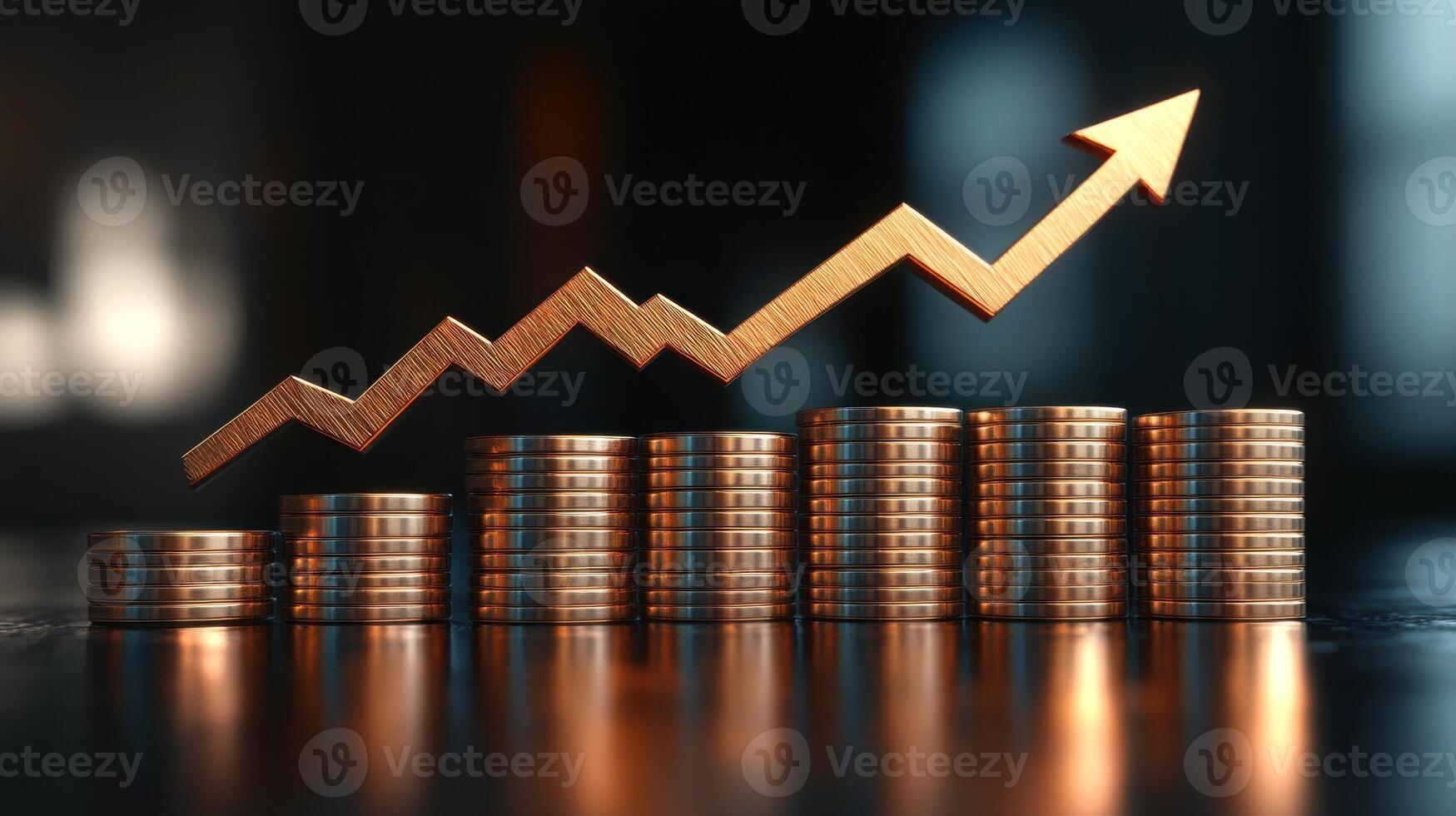 Financial growth is represented by a rising arrow above stacks of coins on a dark surface photo