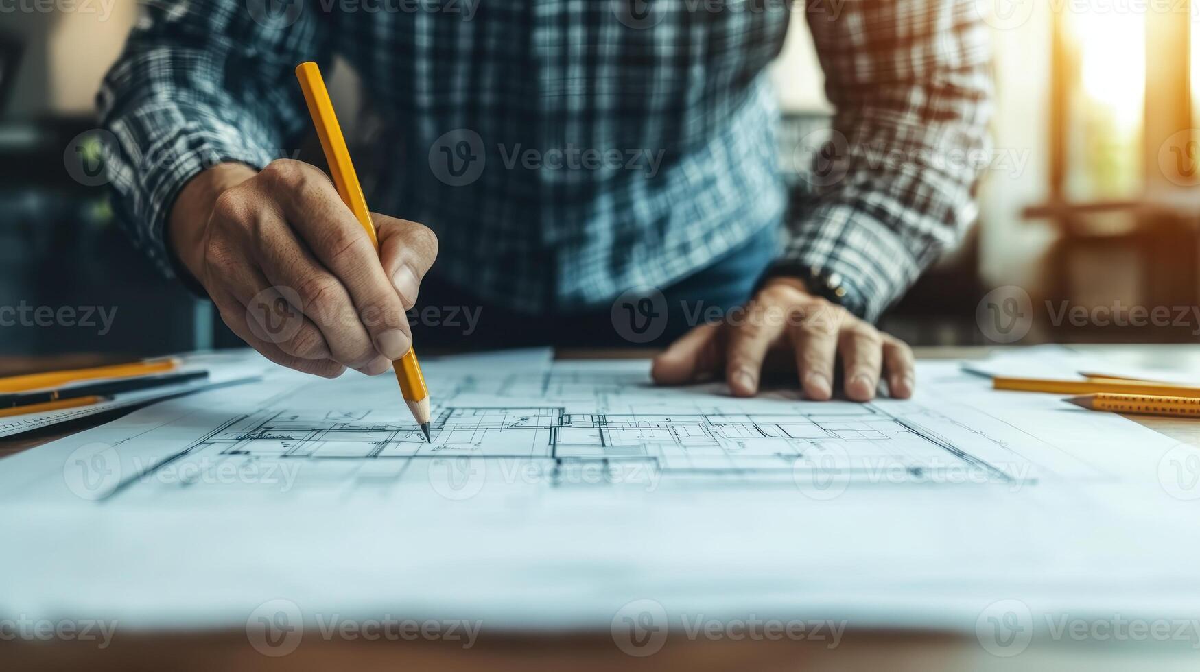 A person sketches architectural plans with a pencil in a bright workspace as sunlight streams in photo