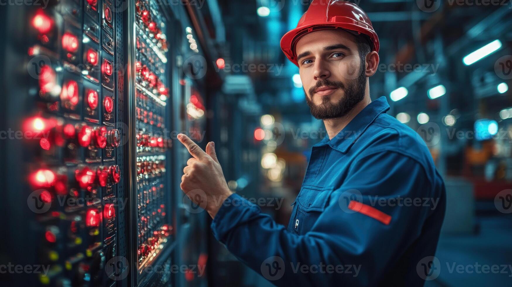 Technician in hard hat controls machinery settings in an industrial workspace at night photo