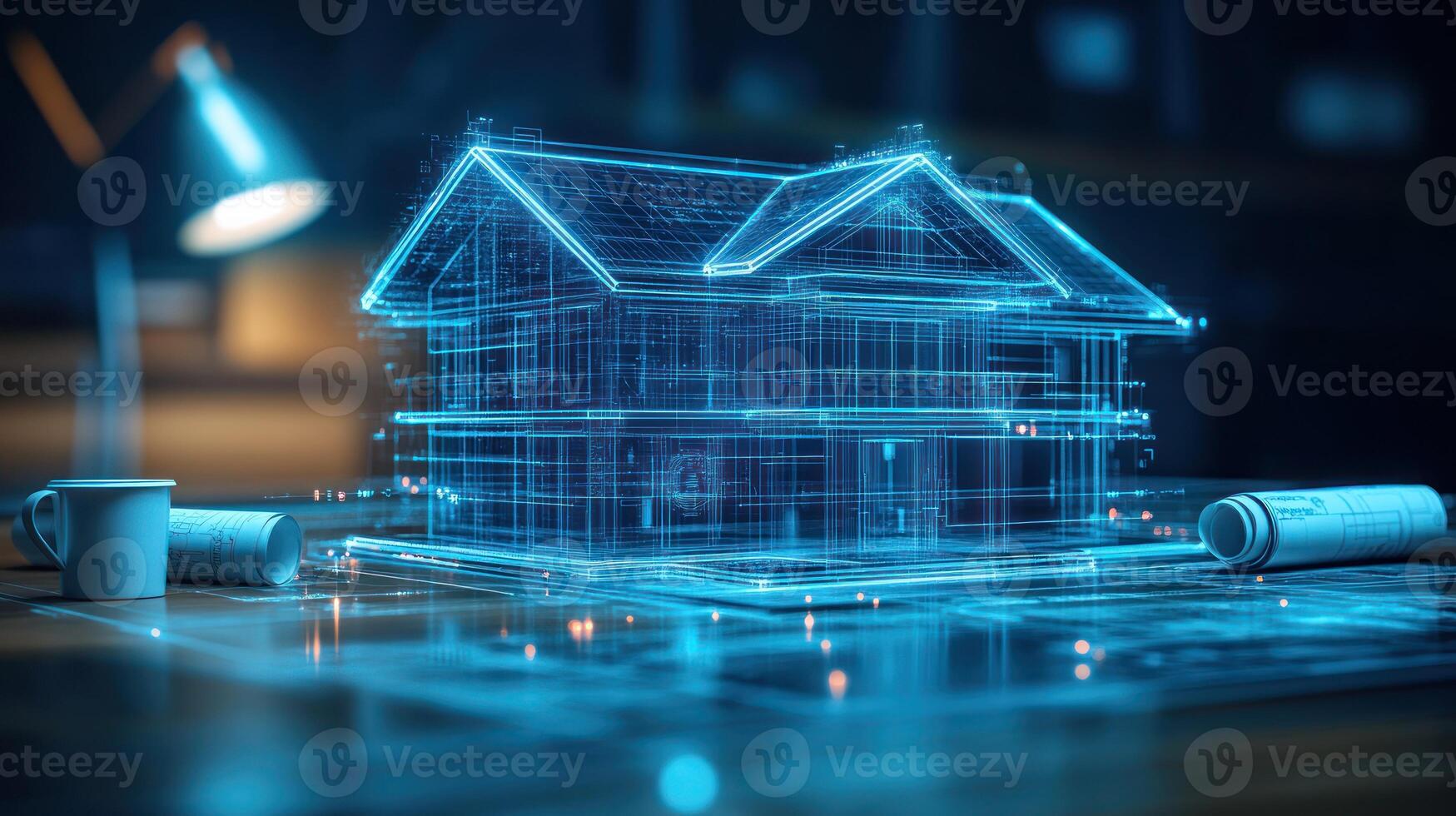 Digital model of a house displayed with blueprints and a cup nearby in a contemporary office environment photo
