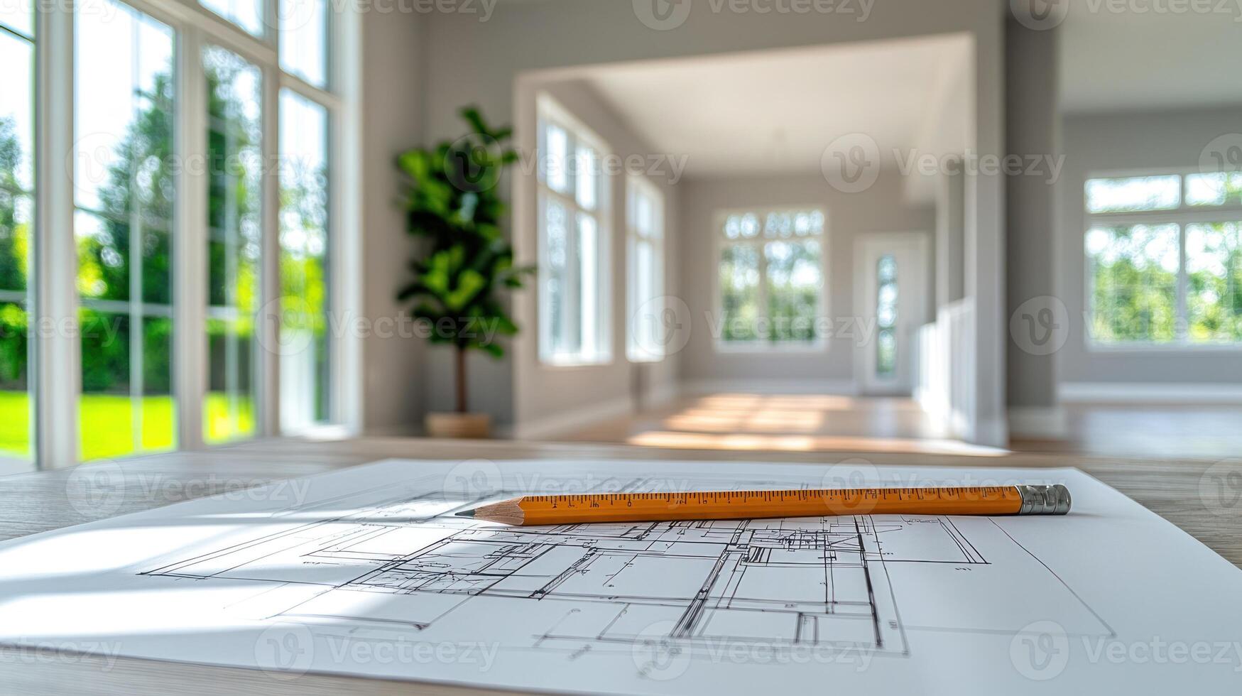 A blueprint lays on a table with a pencil, while light fills a modern, open interior space photo