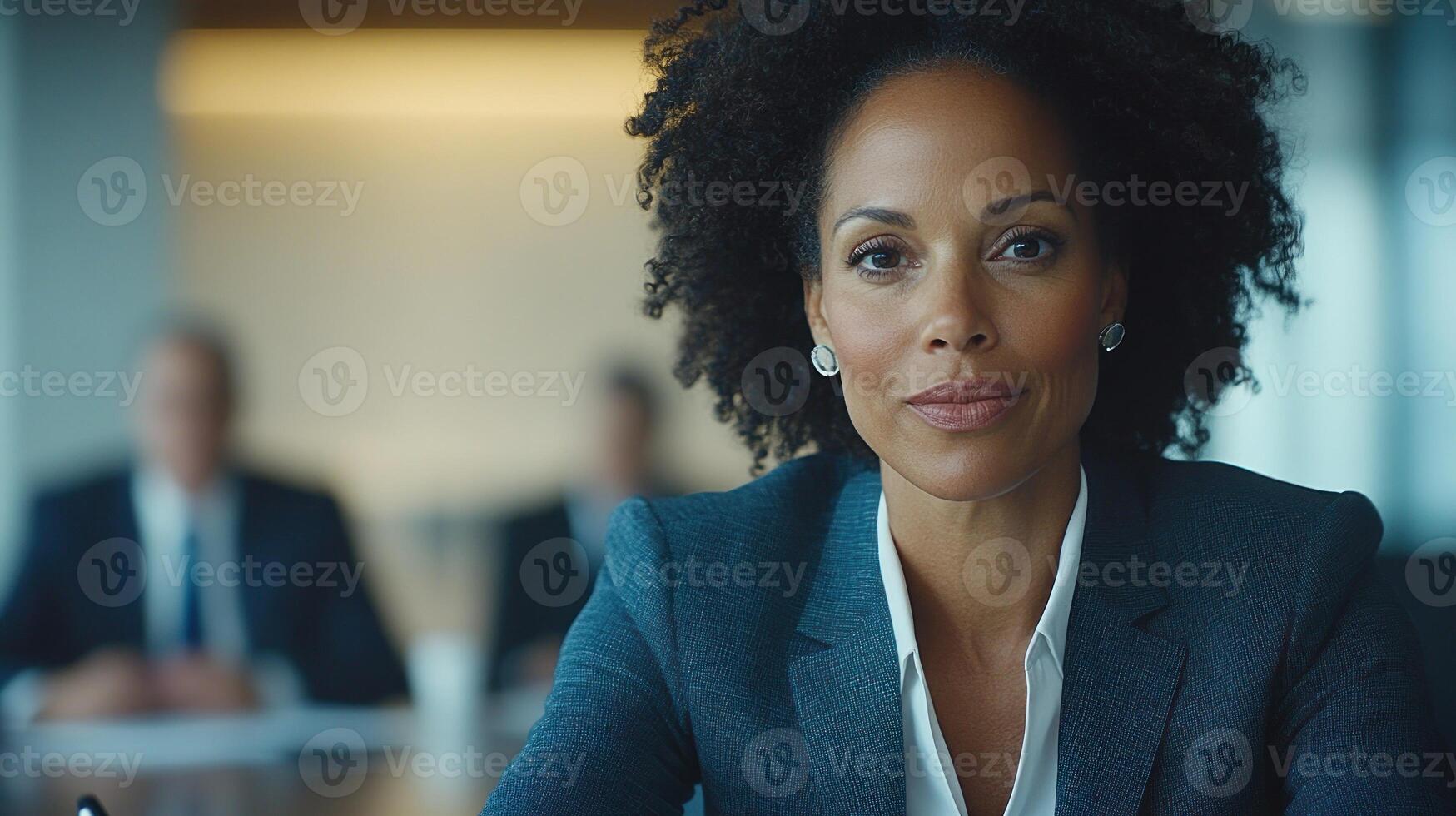 A focused businesswoman engages with colleagues during a significant meeting in a modern office photo