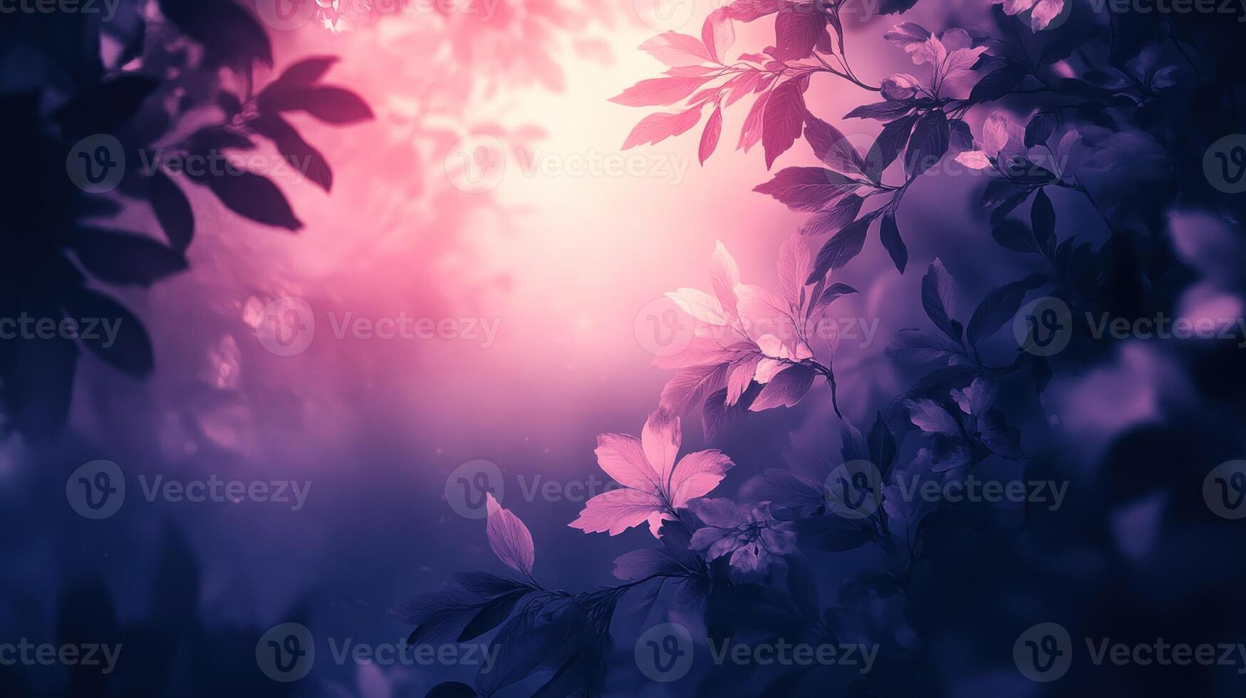 Purple and pink leaves glow in the twilight forest, creating a serene ambiance photo