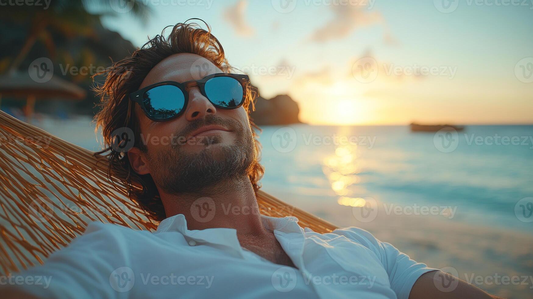Man lounges in hammock on beach, enjoying a sunset by the ocean, wearing stylish sunglasses photo