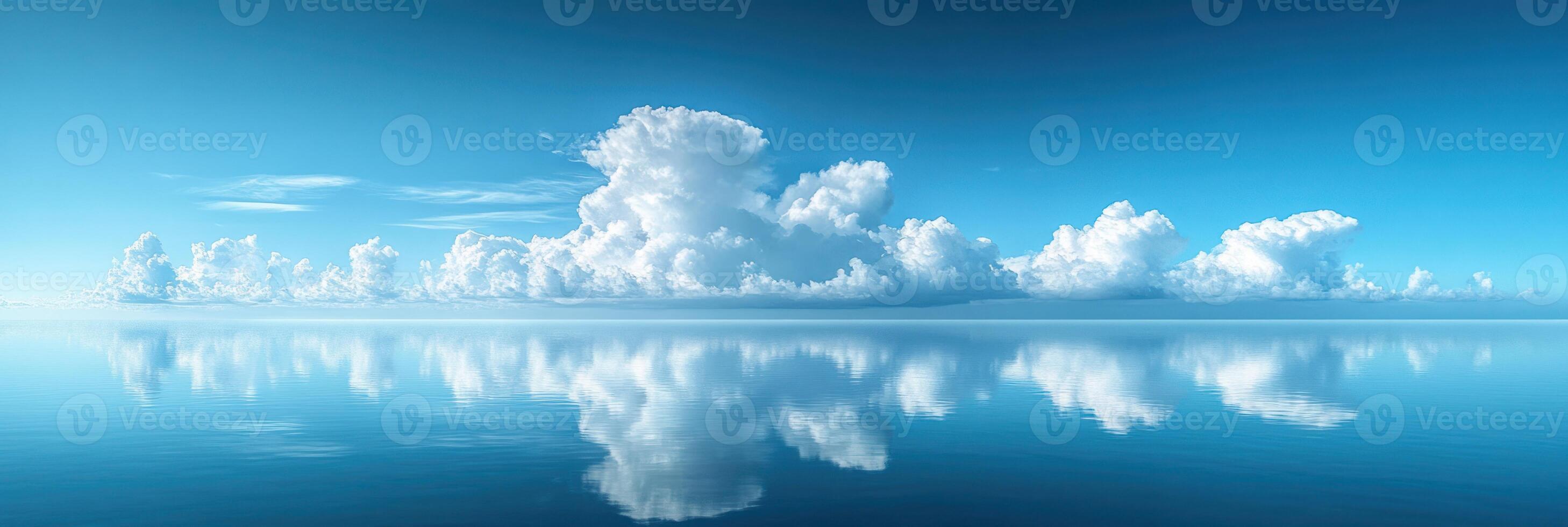 A calm ocean mirrors the fluffy white clouds in a bright blue sky under midday sunlight photo