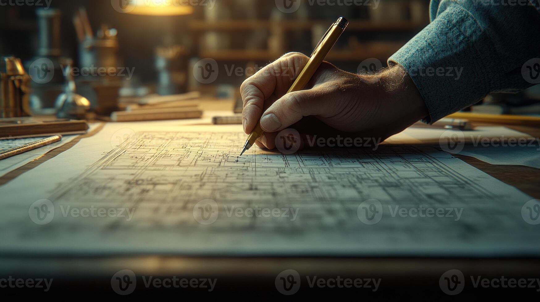 A hand expertly sketches detailed architectural plans on paper surrounded by tools in a workshop photo