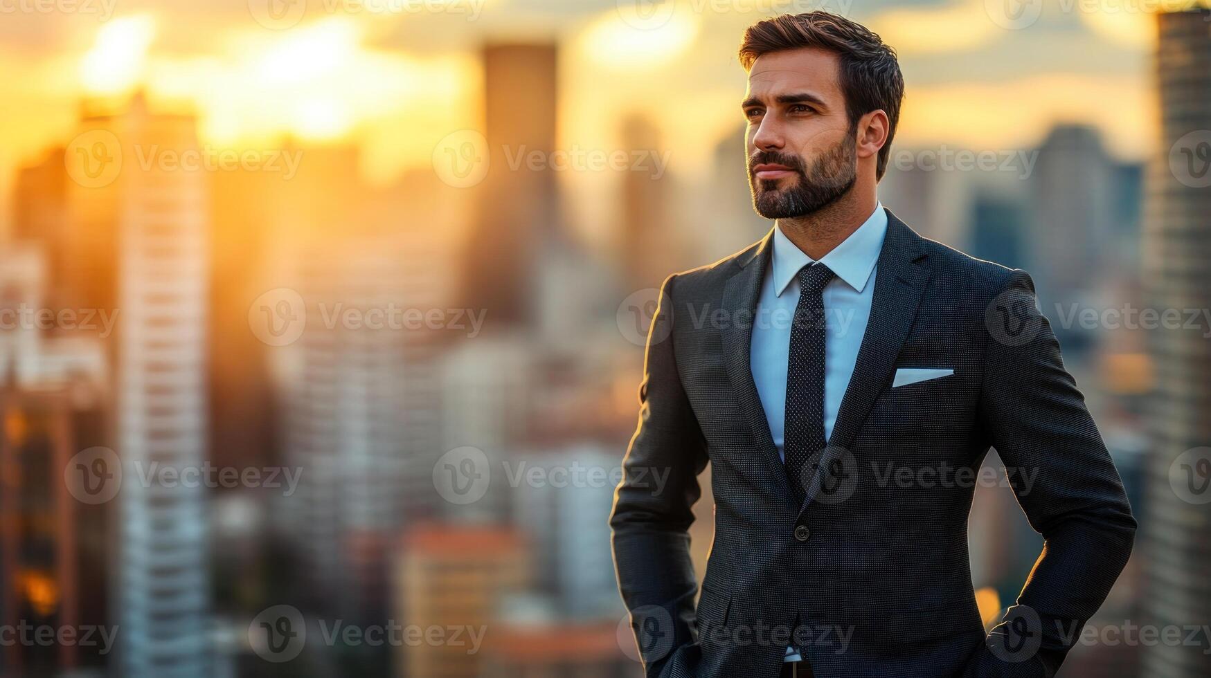 Smartly dressed man overlooks a vibrant cityscape as the sun sets, reflecting on his day photo