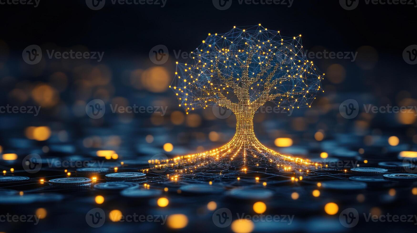 Glowing tree structure made of nodes is illuminated above a scattering of coins in low light photo