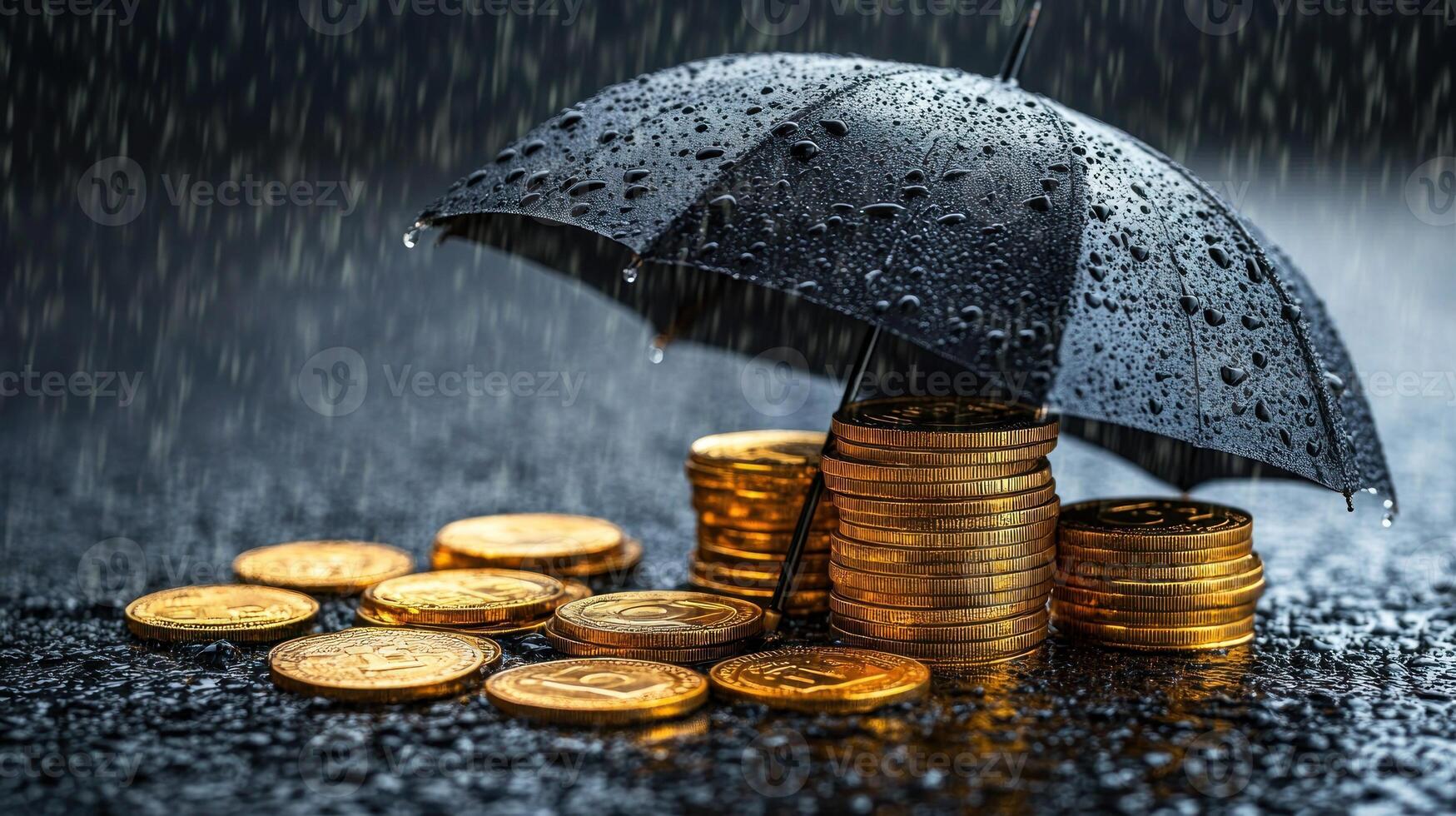 An umbrella shields stacks of coins from falling rain droplets on a wet surface photo