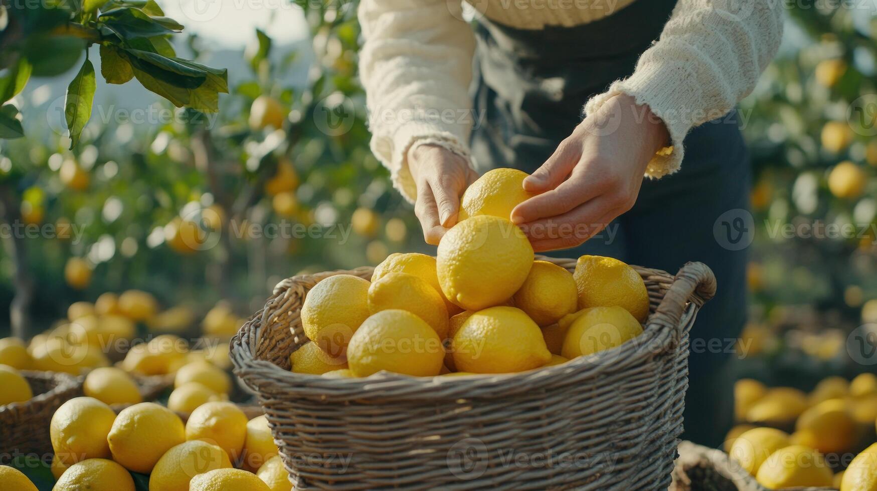 Hands carefully select ripe lemons from a basket in a vibrant orchard under clear skies photo
