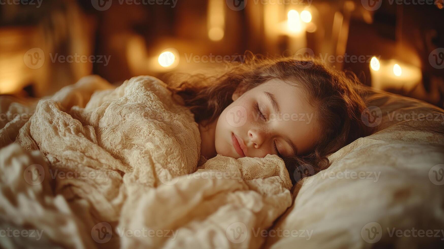 A child rests soundly, surrounded by soft blankets and the gentle glow of candles in a serene setting photo