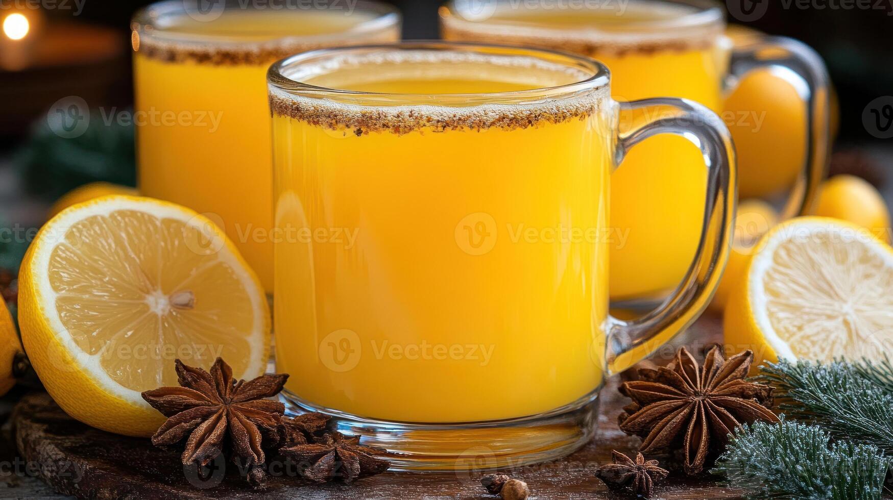 Bright yellow beverage garnished with lemon slices and spices is enjoyed at a cozy indoor setting photo