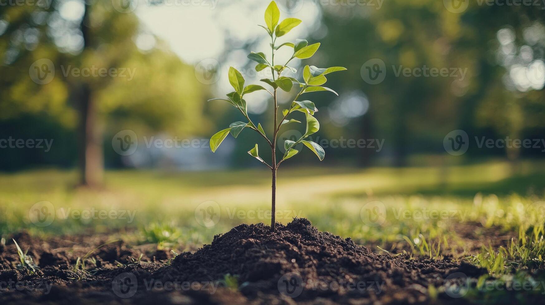 A young tree sprouts from the earth surrounded by greenery under bright sunlight photo