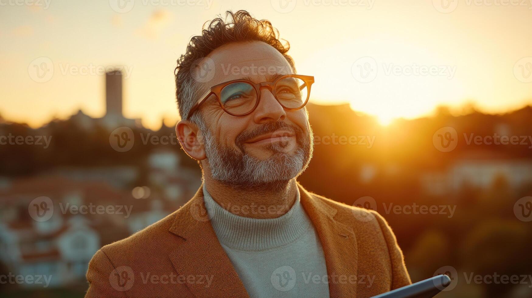 Man stands on a rooftop at sunset, smiling as he reflects on his day while holding a tablet photo