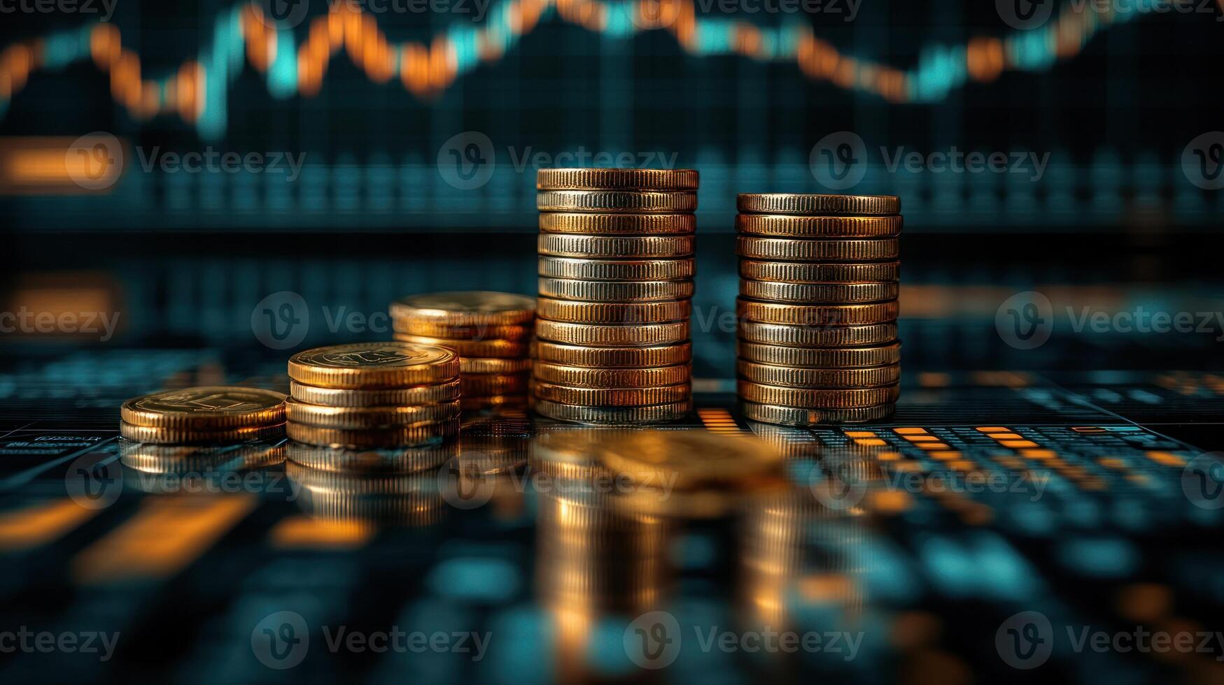 Stacks of coins are arranged on a digital interface displaying market trends and analytics photo