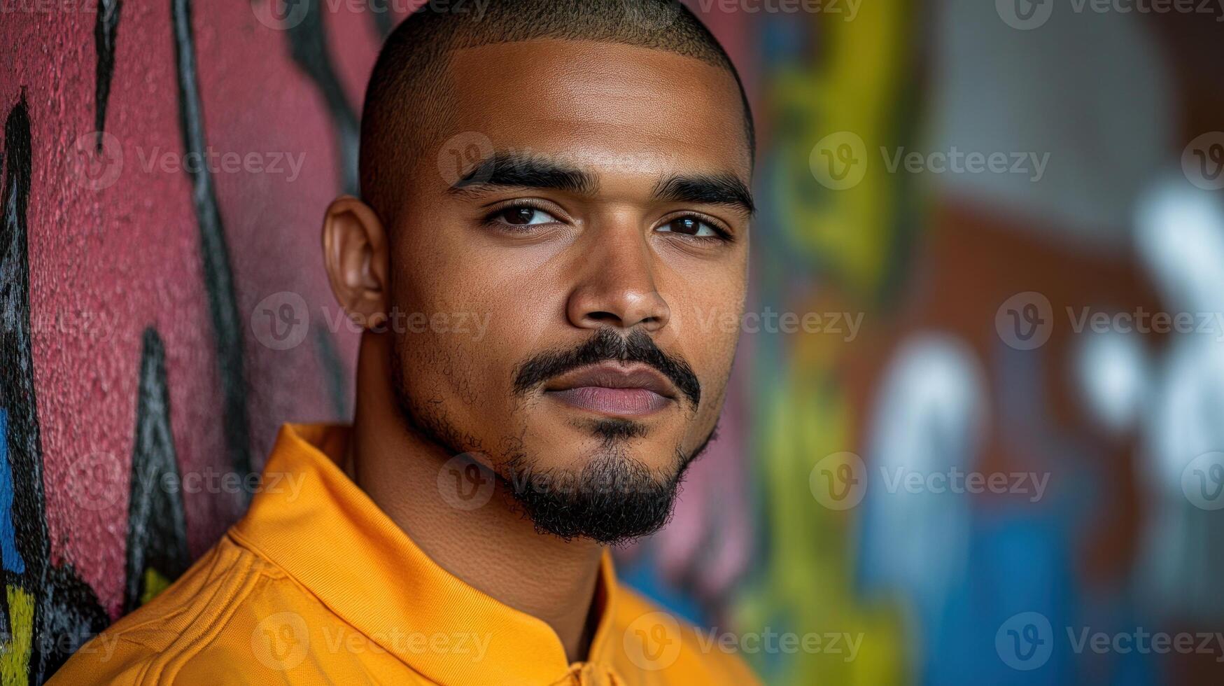 A man in a bright orange outfit stands with a serious expression against vibrant street art photo