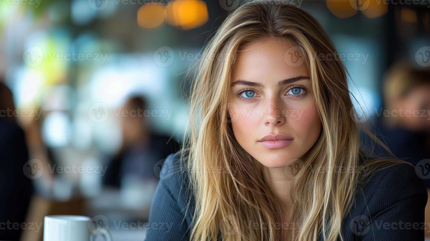 Woman gazes thoughtfully while seated at a cafe during daylight, surrounded by a bustling atmosphere photo