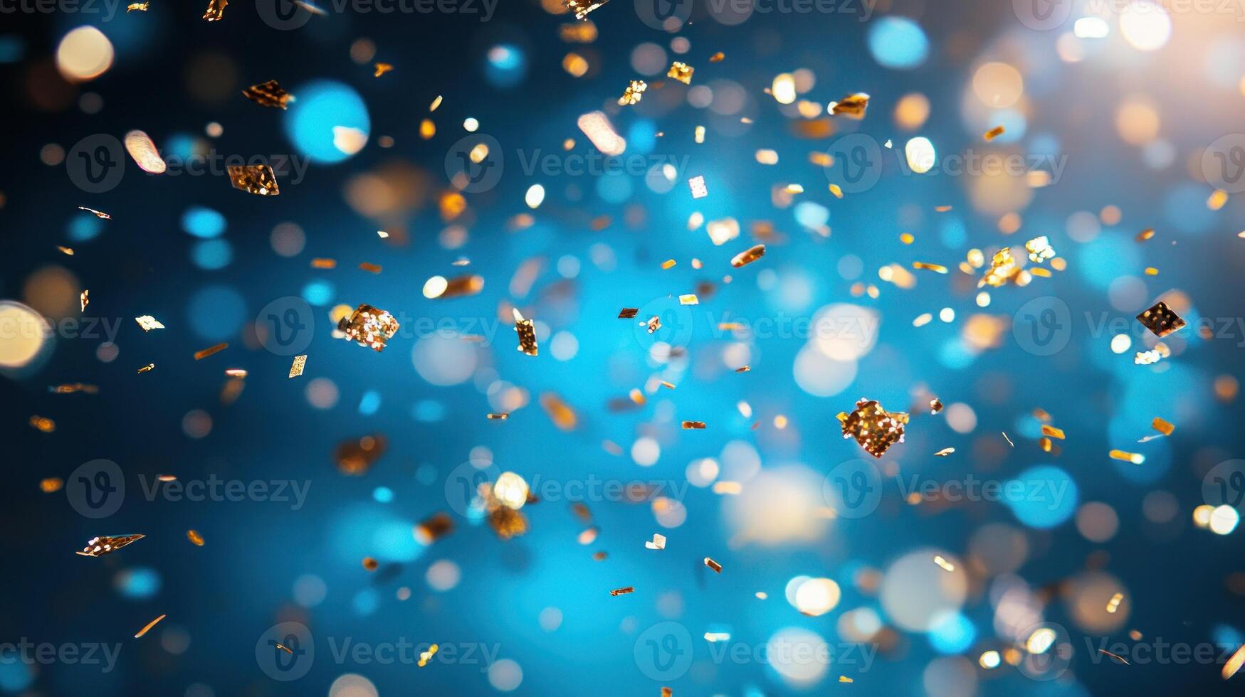 Confetti fills the air, sparkling against a vibrant blue background, creating a festive atmosphere photo