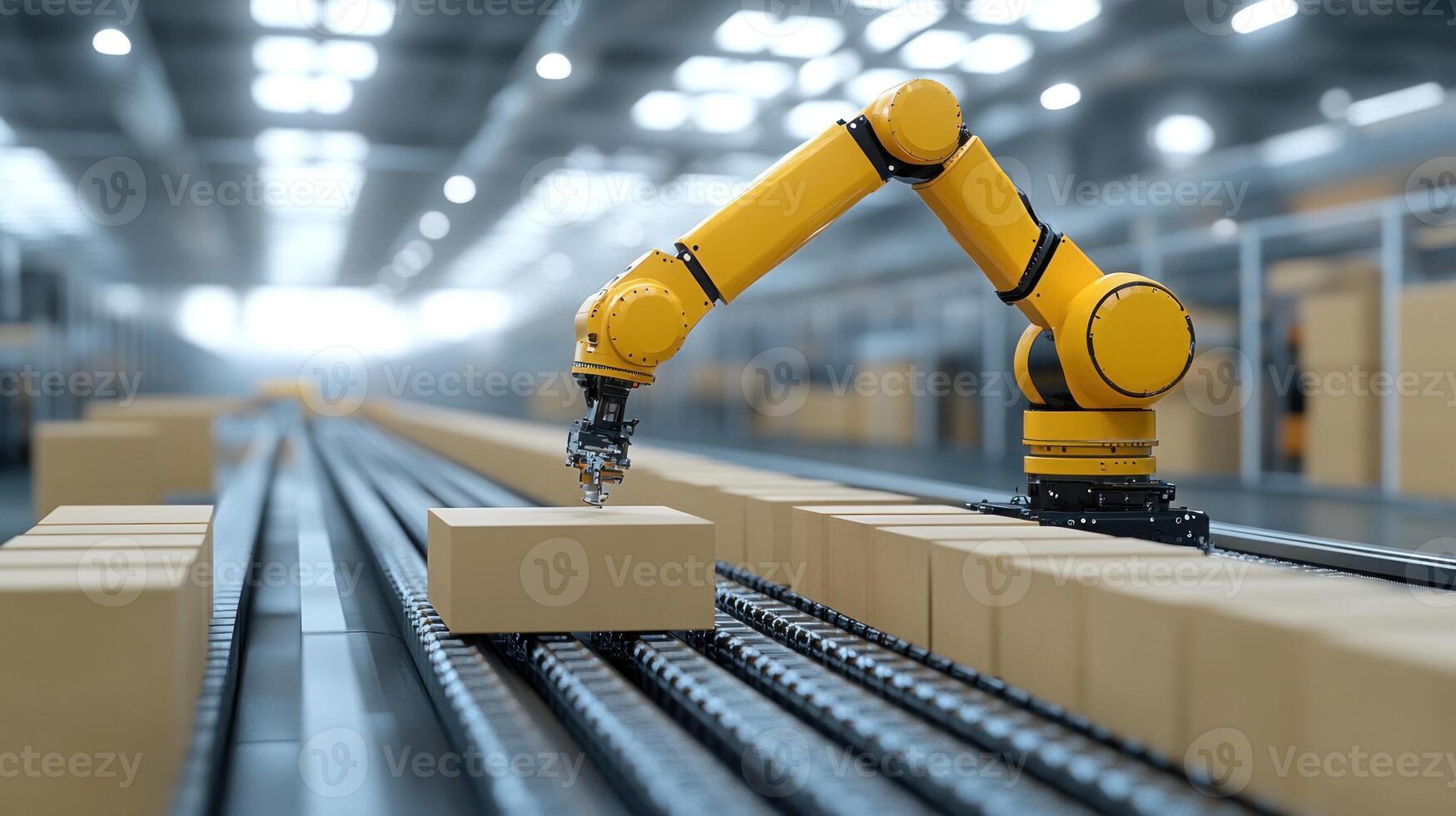 A robotic arm picks up packages on a conveyor belt in a busy warehouse setting during daylight photo