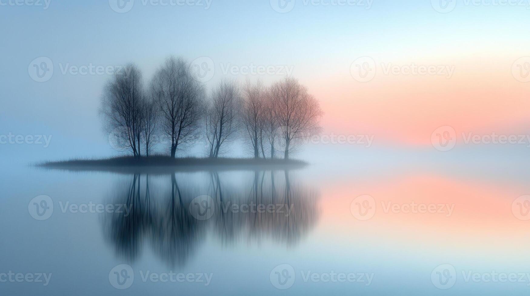 Soft morning light and fog create a serene atmosphere around reflective trees on a calm lake photo