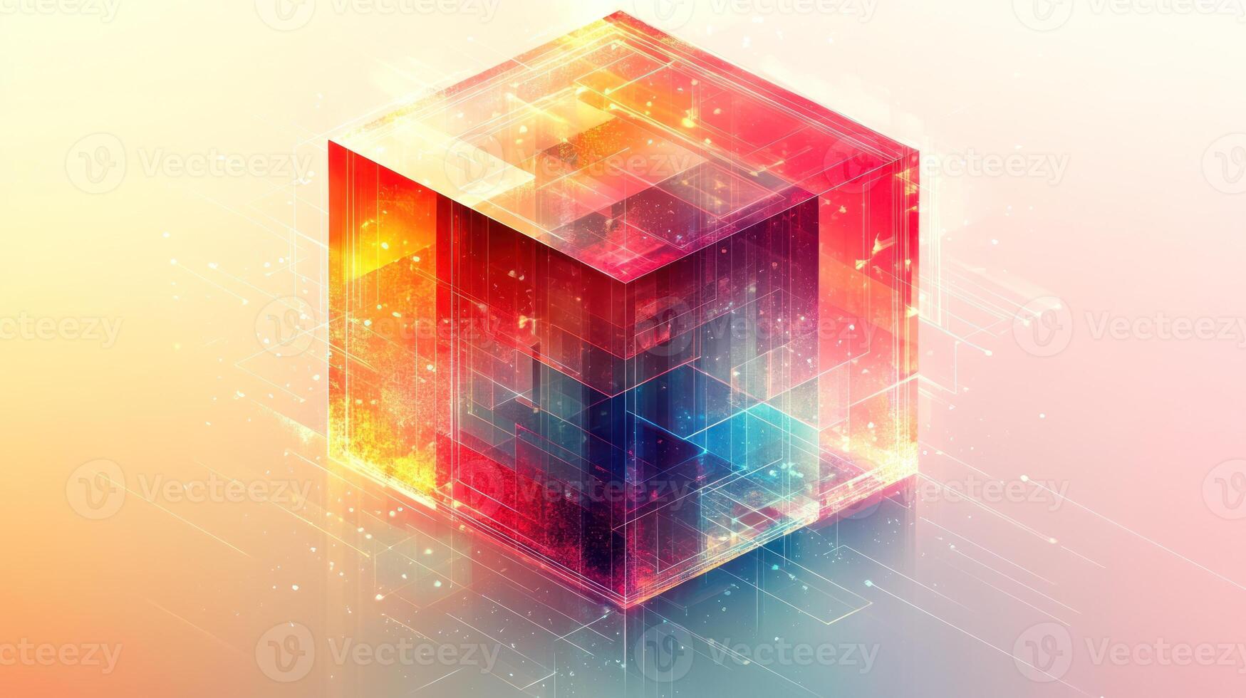 Abstract cube with vivid colors and layered design elements creates a glowing visual effect and dynamic depth photo