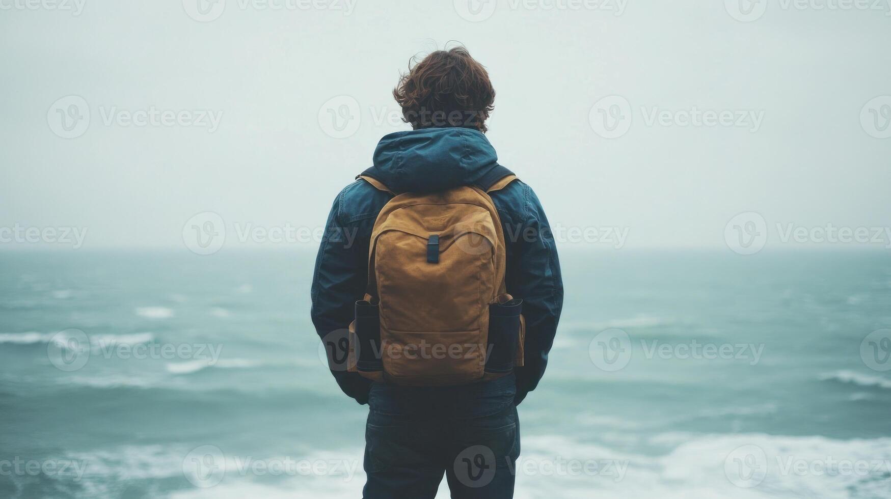 Individual stands by the shore, admiring the turbulent waves on a gray afternoon photo