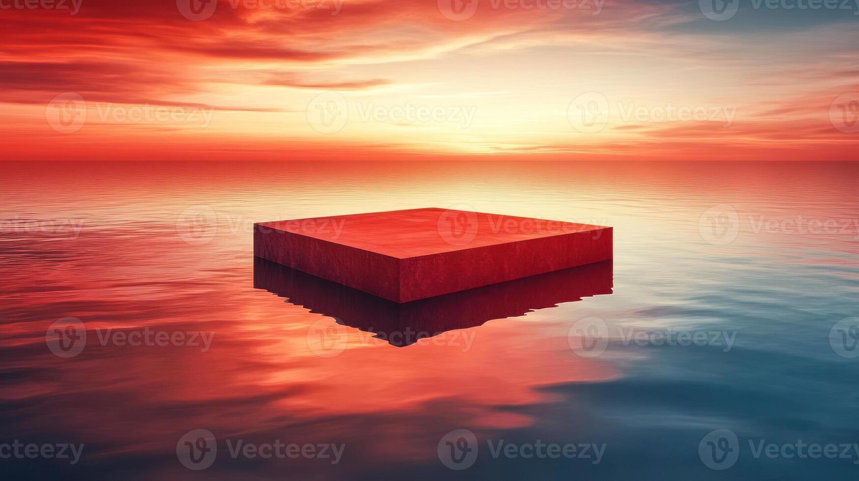 A striking red square floats on still water as the sun sets, creating a colorful, tranquil view photo