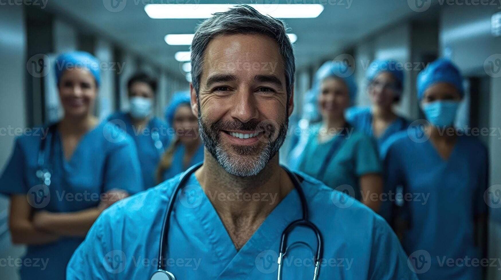 Medical staff in scrubs express positivity and camaraderie in a hospital corridor photo