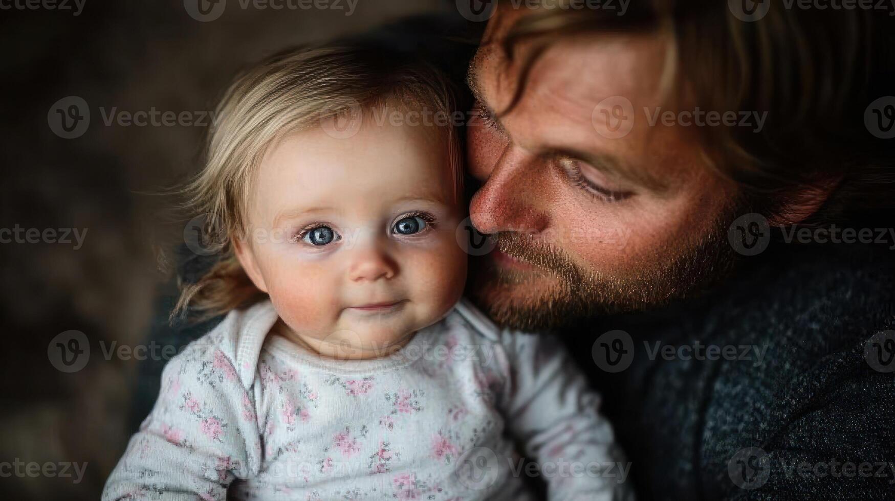 A father embraces his young daughter, both smiling warmly, creating a heartwarming family moment photo
