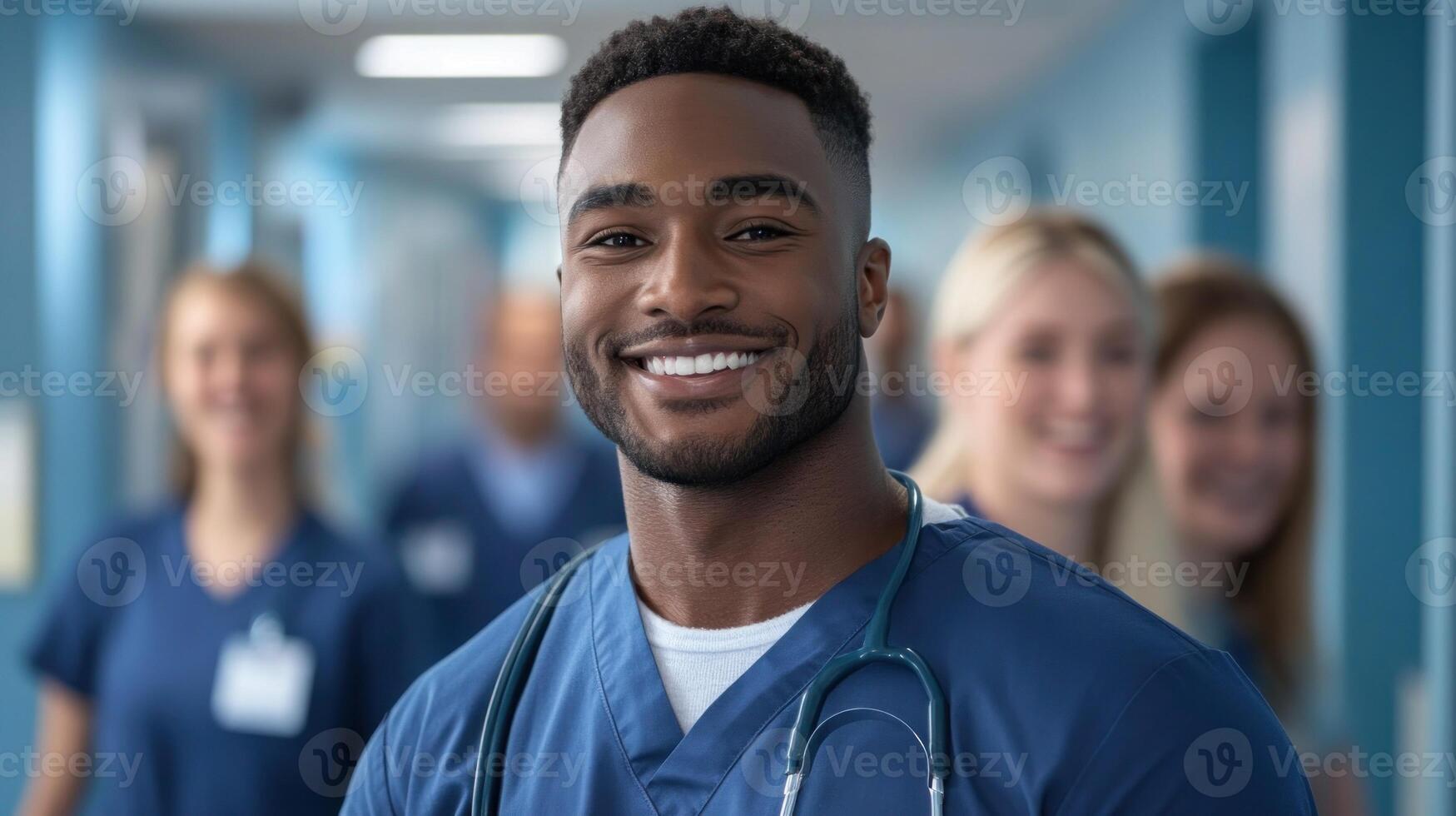 A healthcare worker in blue scrubs flashes a bright smile while standing in a hospital corridor photo