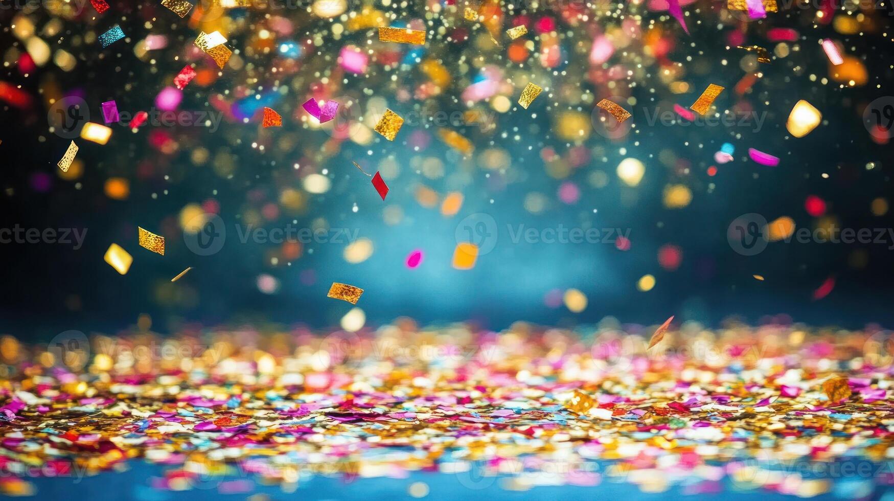 Confetti in various colors cascades down onto a shimmering surface, creating a festive atmosphere photo