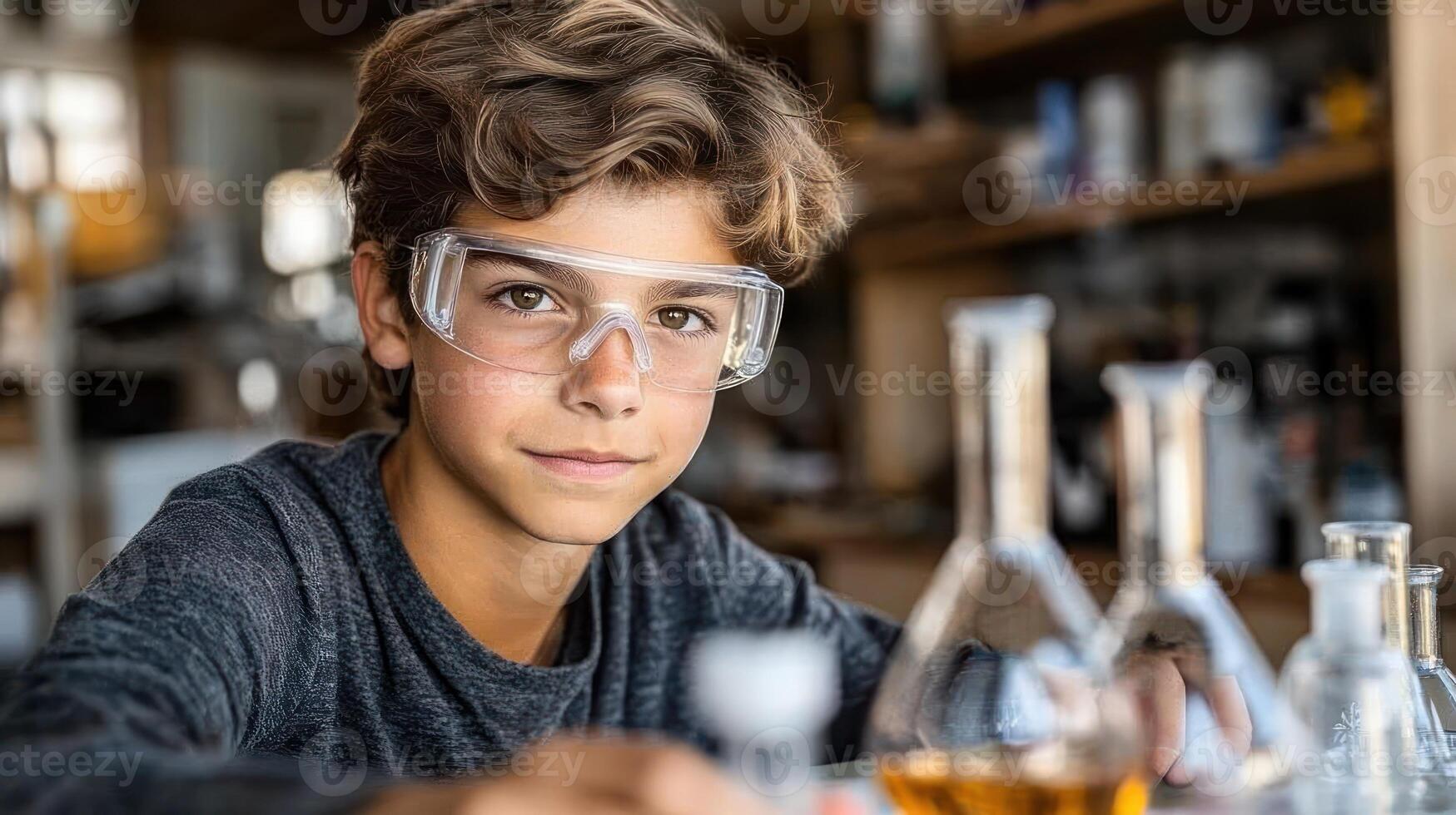 A young boy in safety goggles focuses on experiments surrounded by glassware in a lab photo