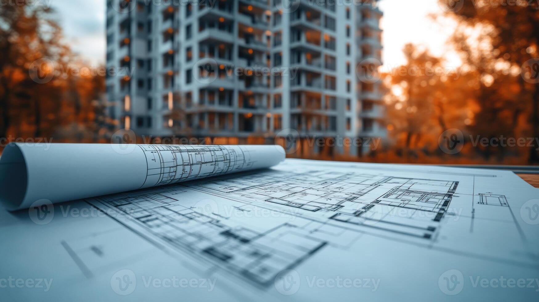 Detailed construction plans are displayed with a new apartment building rising behind in warm evening light photo