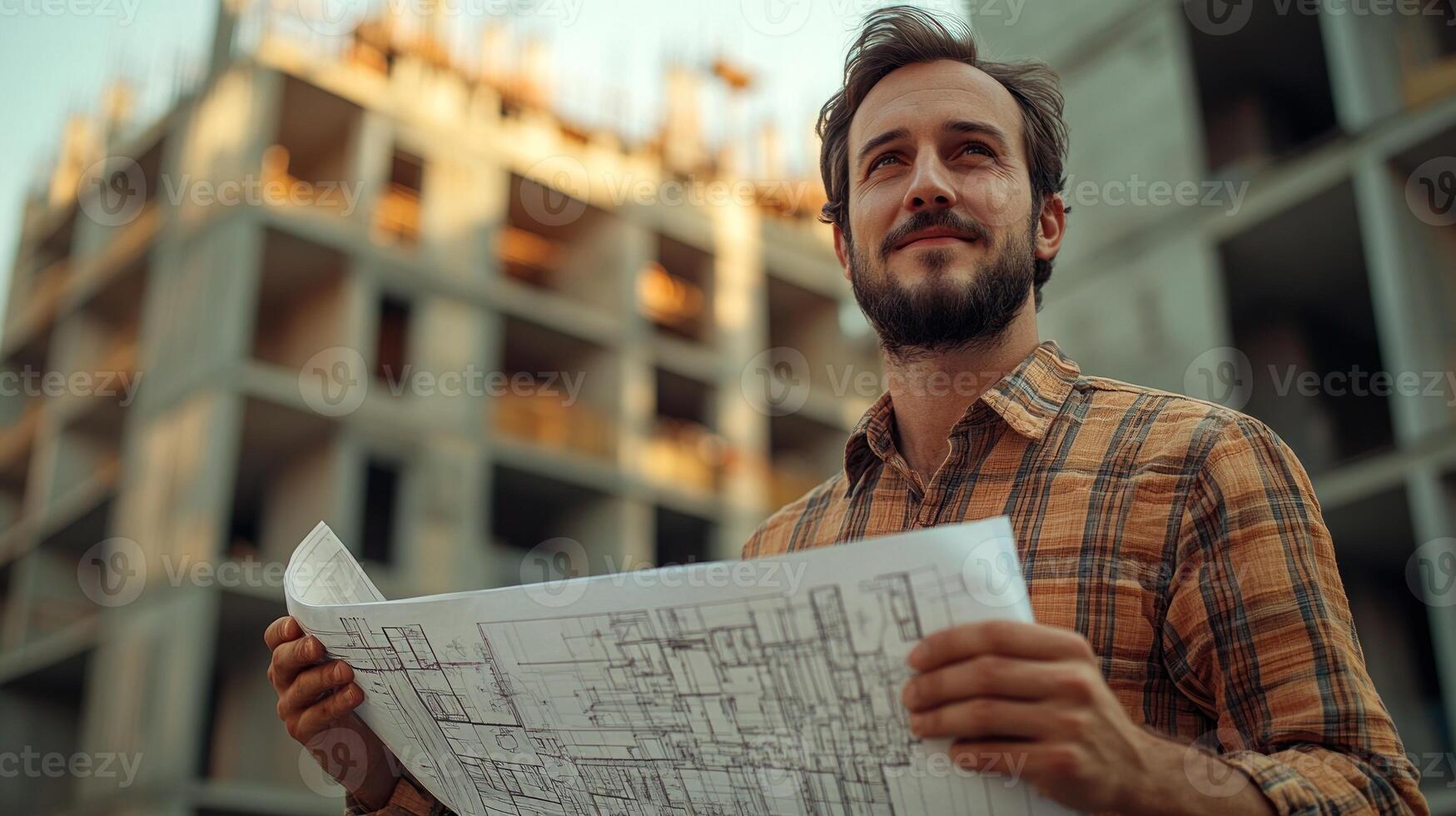Construction manager inspects detailed blueprints while overseeing a building project at sunset photo