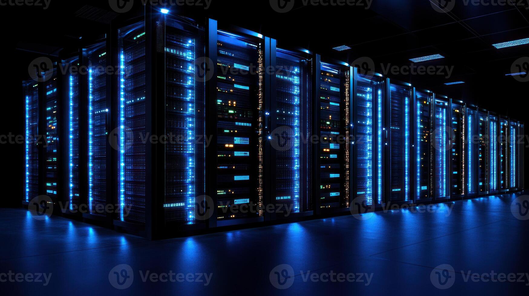 Bright blue lights illuminate rows of server racks in a high tech data center environment photo