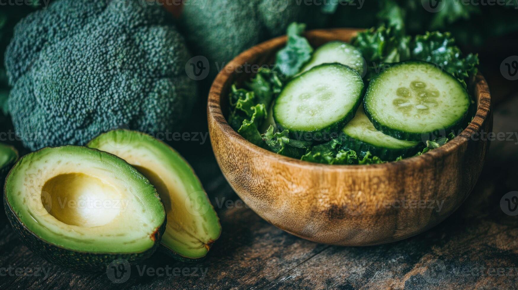 A wooden bowl filled with fresh slices of cucumber and lettuce surrounded by avocados and broccoli photo