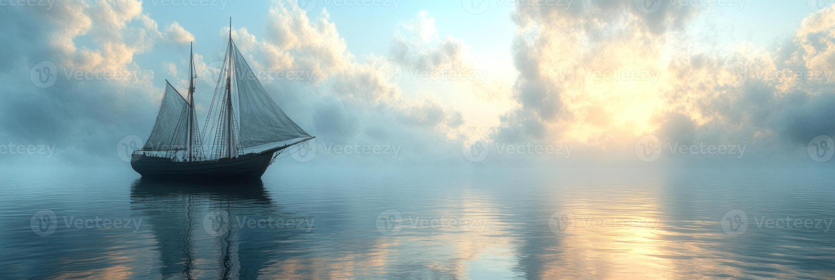 A graceful sailboat glides over calm waters at sunrise, adding to the serene atmosphere photo