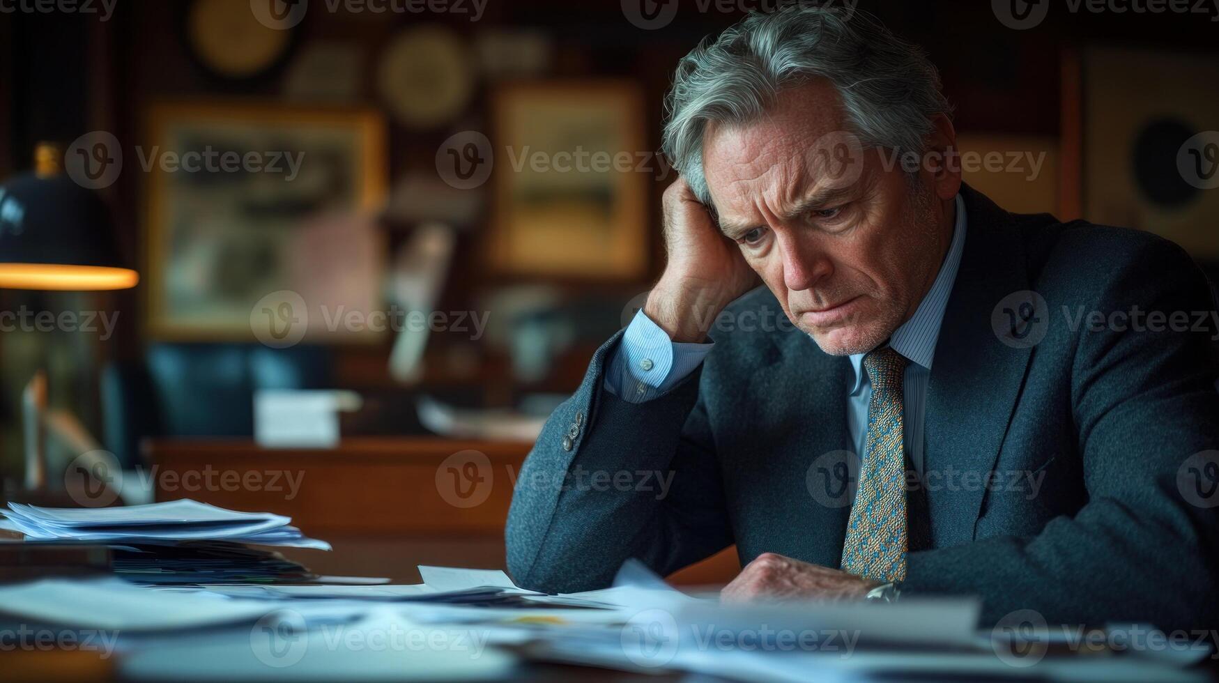 A businessman appears deep in thought as he examines papers scattered on his desk during the day photo