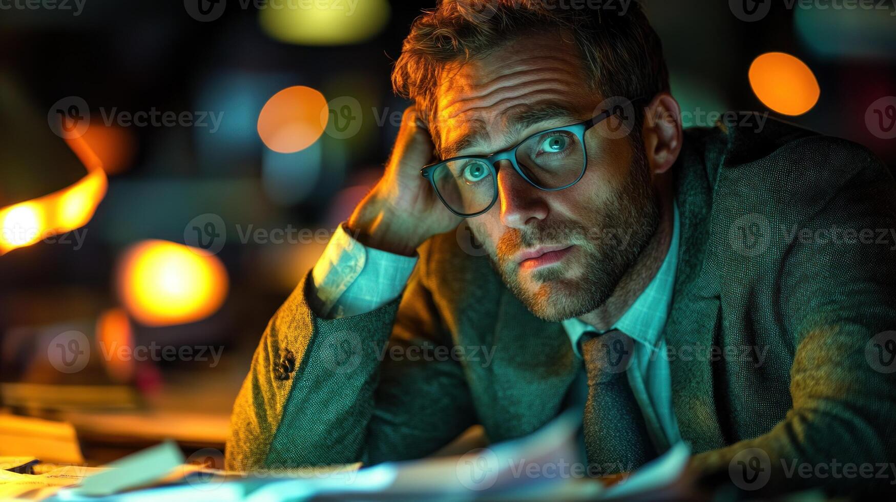 Business man appears contemplative and stressed while working late at his cluttered office desk photo