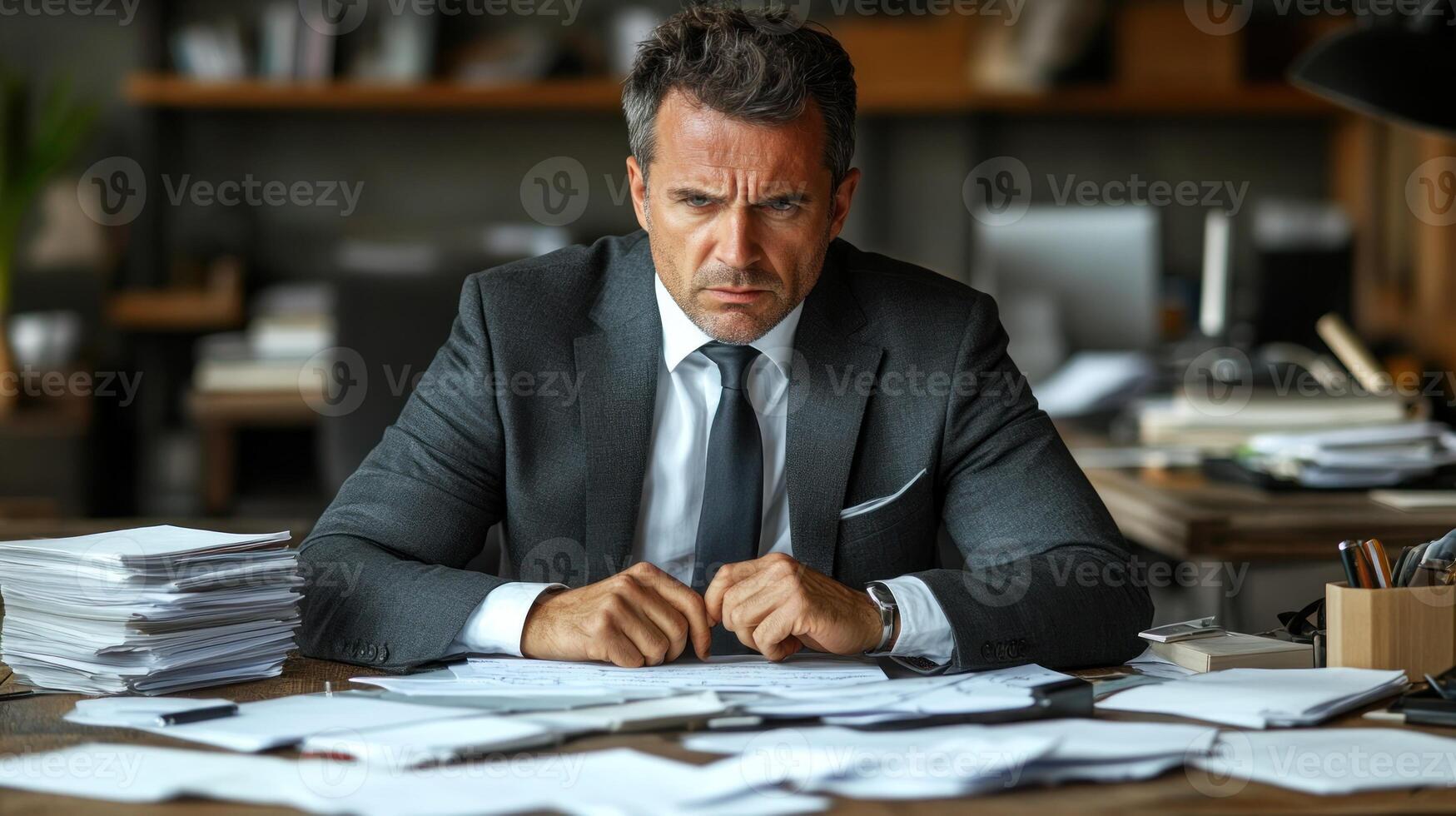 Businessman sits at a desk filled with papers, showing signs of stress while reviewing important documents photo