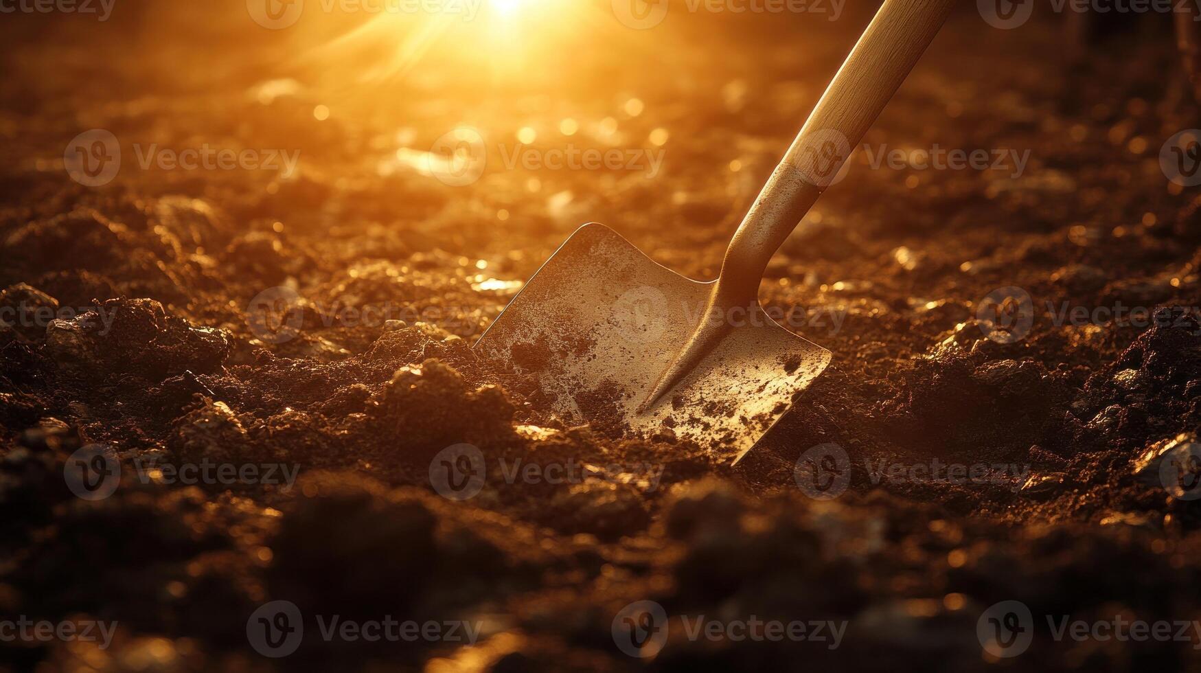 A shovel digs into dark soil as the sun sets, casting warm light over the earth in a tranquil atmosphere photo