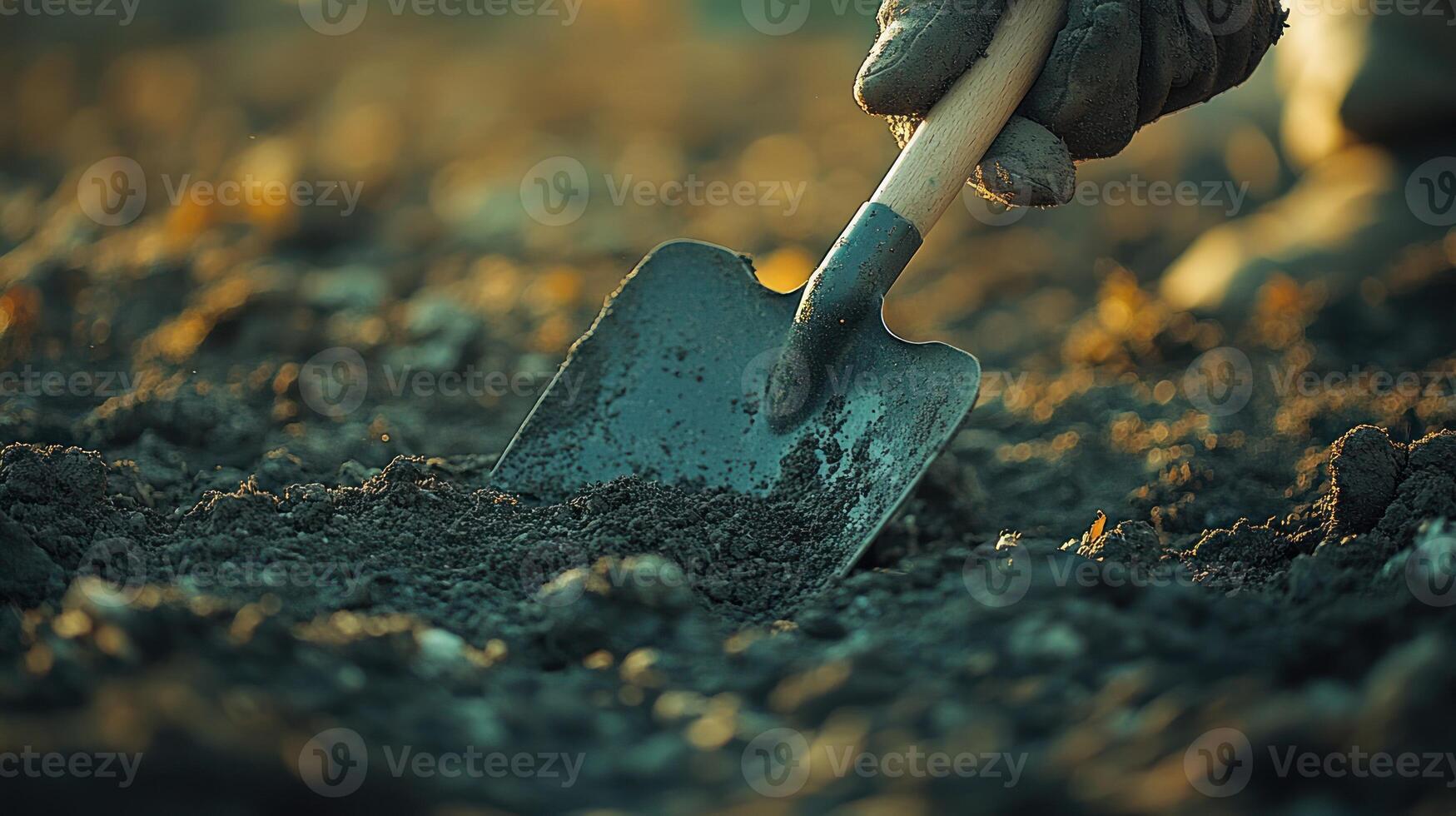 A hand gripping a shovel digs into fertile soil beneath a warm and glowing morning light during spring photo