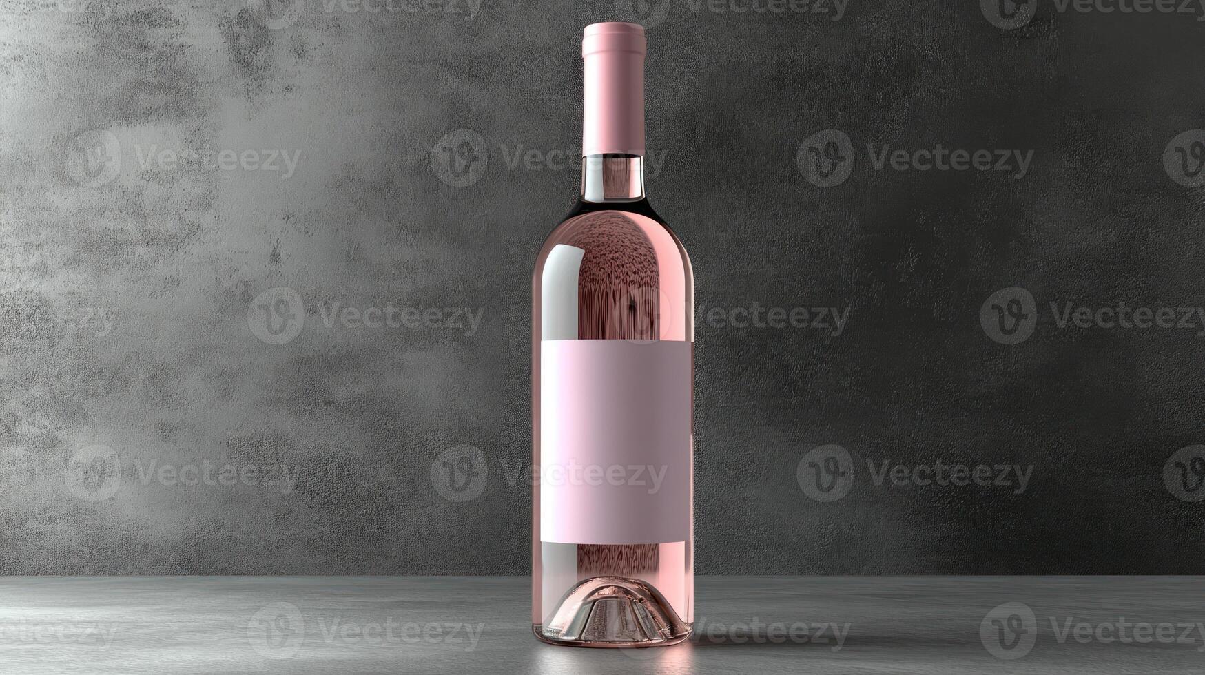 A sleek rose wine bottle with a blank label stands on a dark textured surface, exuding minimalism photo