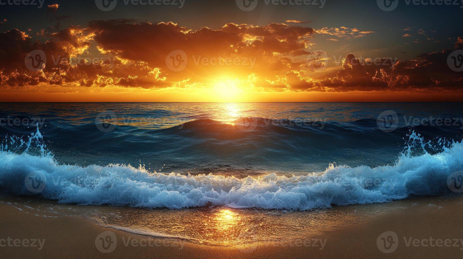 Vibrant sunset colors reflect on the ocean waves while they meet the shore on a peaceful evening photo