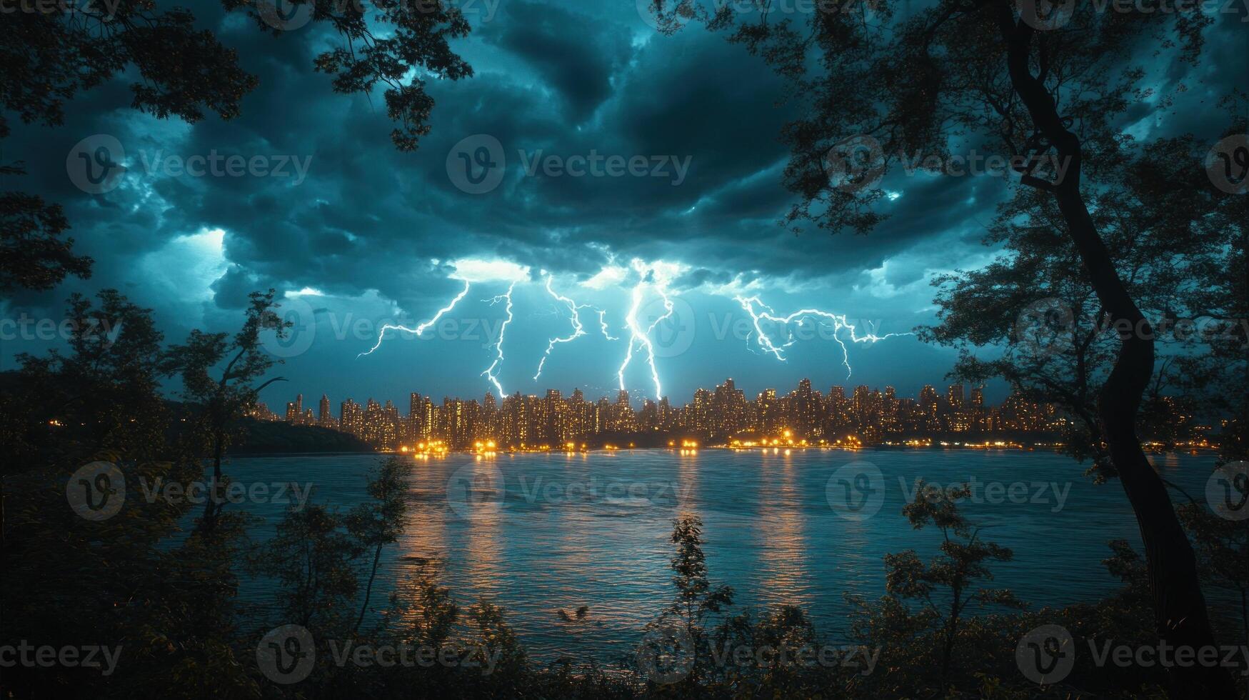 Lightning crackles across the sky above a city skyline while reflections shimmer on the water photo