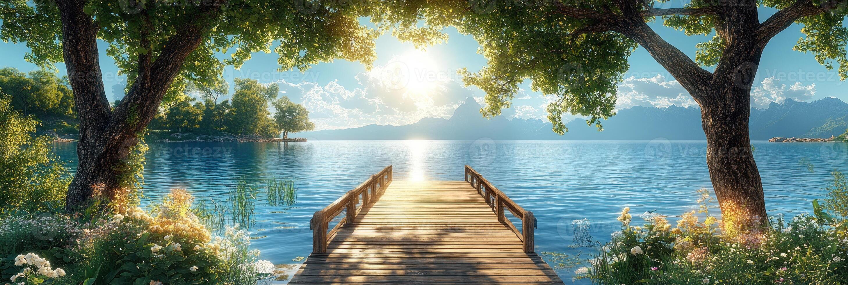 A tranquil lakeside setting features a wooden pier surrounded by lush trees under a bright sun photo