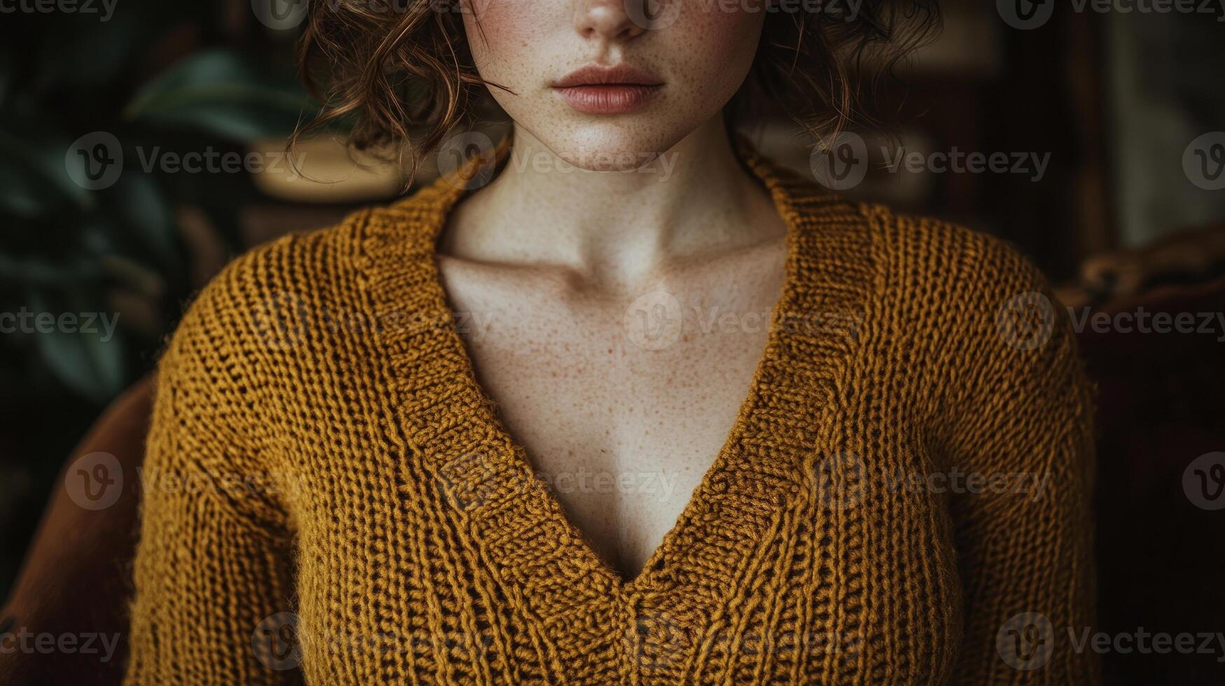 Woman wearing a knitted sweater poses softly, showcasing her natural beauty in a warm, inviting environment photo