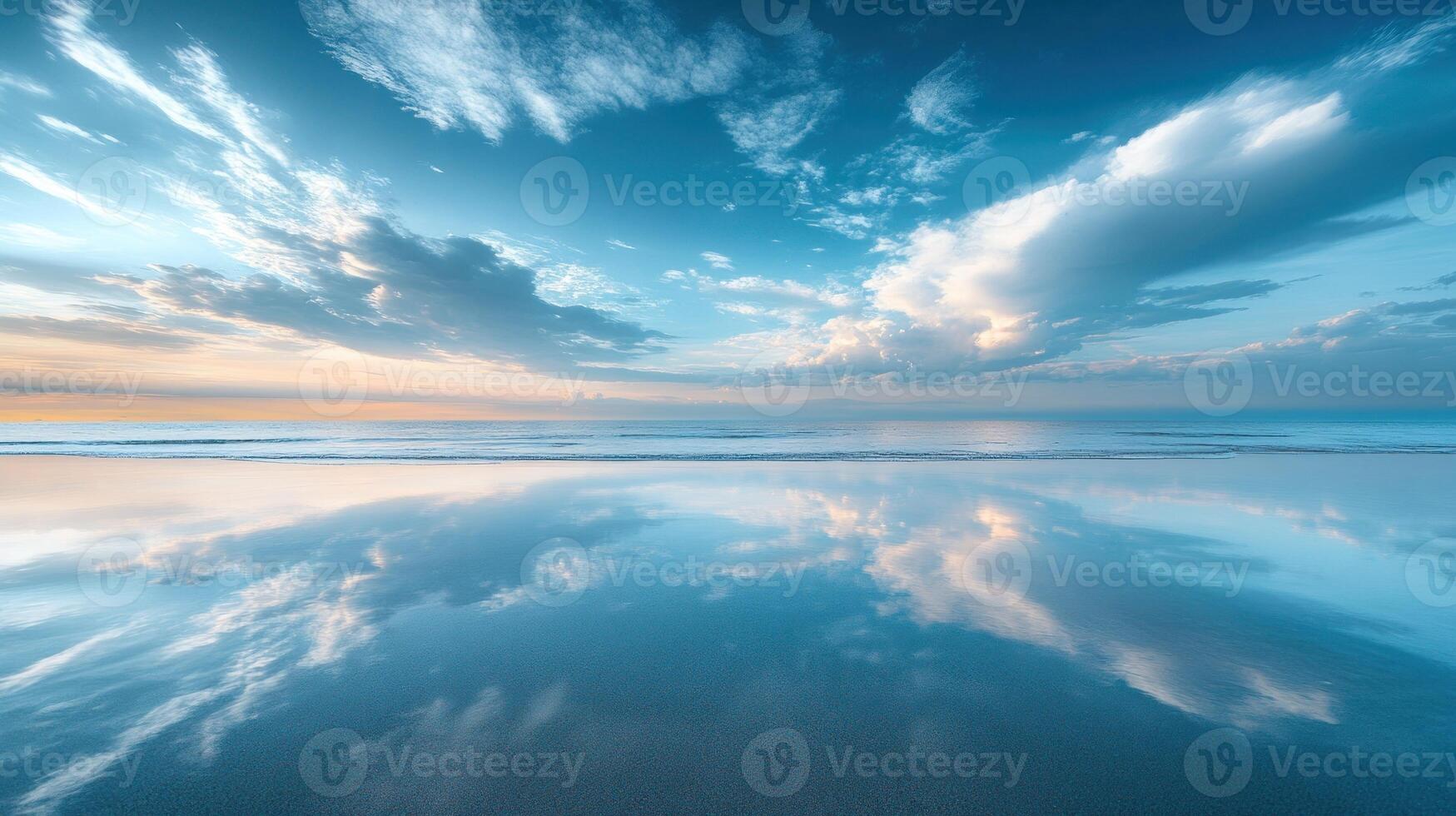 Soft pastel colors reflect on calm water as clouds drift peacefully at twilight by the ocean photo