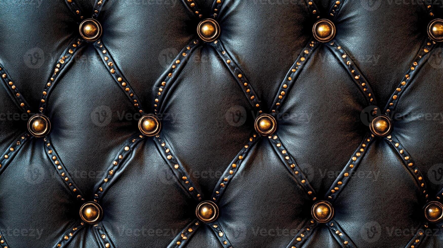 Close up of tufted black leather highlighting golden decorative studs and buttons, emphasizing design details photo
