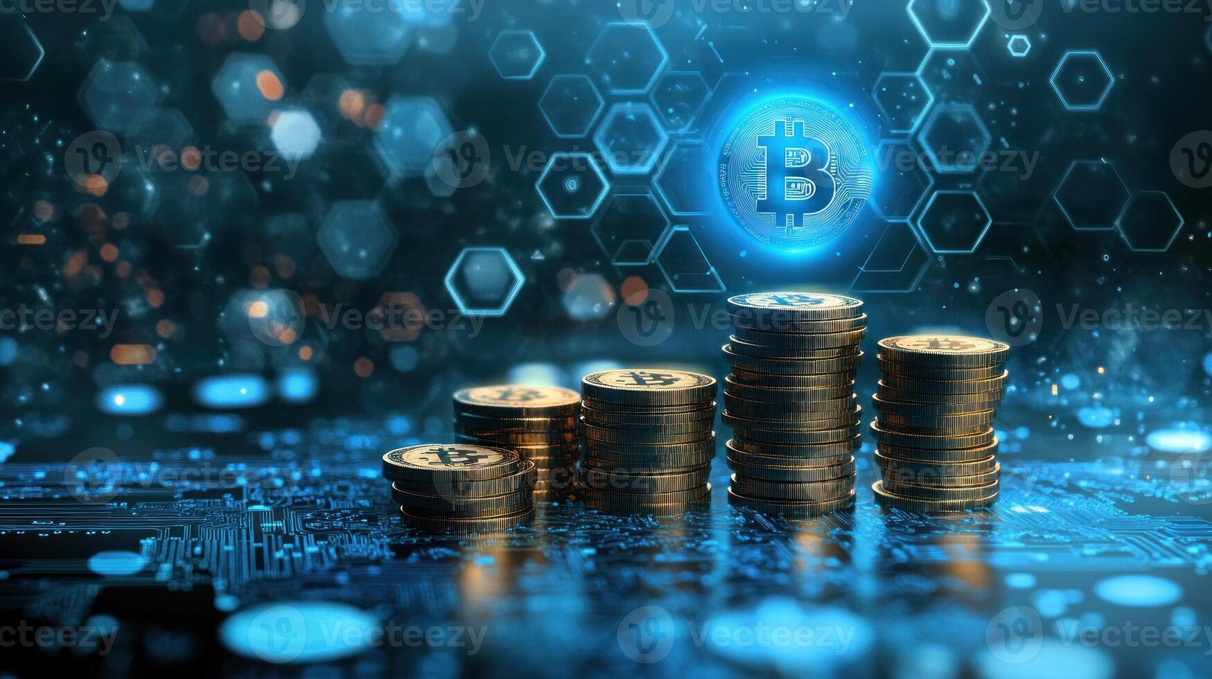 Stacks of Bitcoin coins with glowing symbols reflect digital currency and tech influence photo